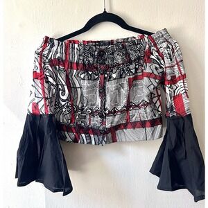 Save The Queen NWT Red Black Patterned Off The Shoulder Top Small Made In Italy